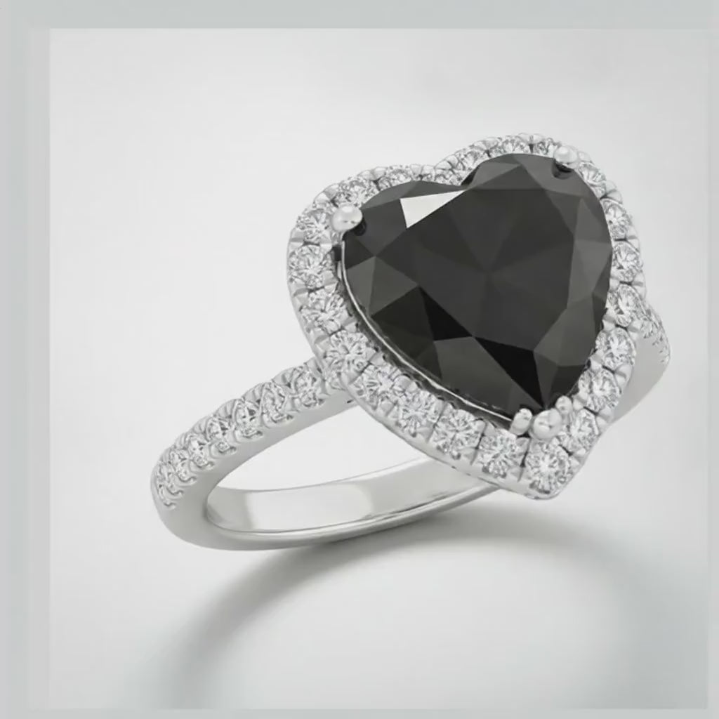 Heart Cut Black Diamond and White Diamond Halo Ring Natural 14K White Gold