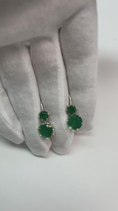 Natural Real ( Not Lab Grown ) 2 Stone Round Green Emerald GIA Dangle Earrings