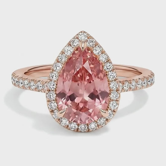 Pear Padparadscha and White Diamond Halo Ring Natural 14K Rose Gold