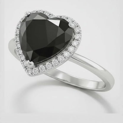 2 Carat Heart Black Diamond and White Diamond Halo Ring Natural 14K White Gold
