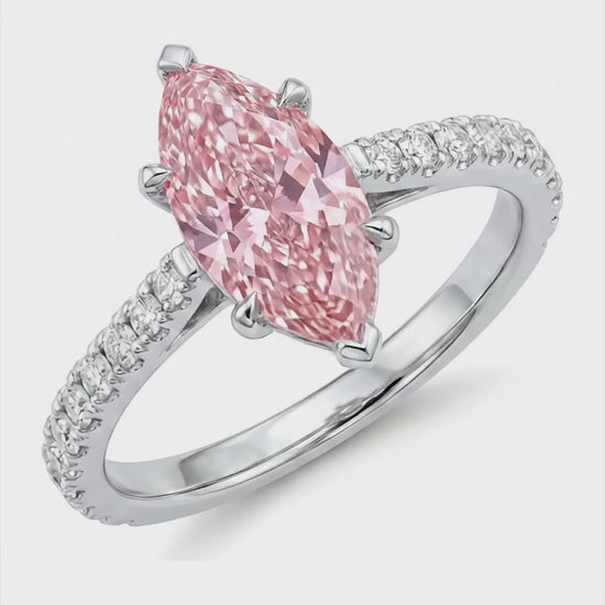 2 Carat Marquise Pink Lab Grown Diamond and White Diamond Pave Ring 14K White Gold