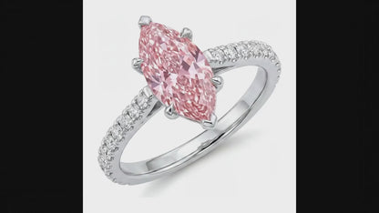 2 Carat Marquise Pink Lab Grown Diamond and White Diamond Pave Ring 14K White Gold