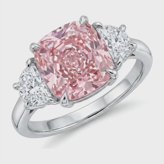 5 Carat Cushion Pink Lab Grown Diamond and White Diamond Three Stone Ring 14K White Gold