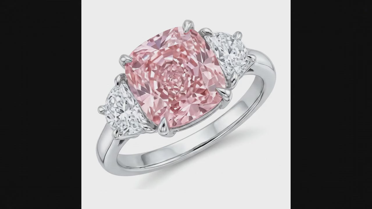 5 Carat Cushion Pink Lab Grown Diamond and White Diamond Three Stone Ring 14K White Gold