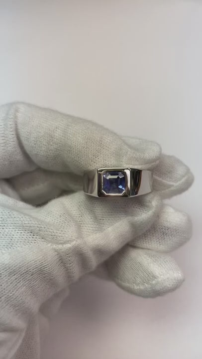 Solitaire Men's Ring 1.50 Carats Flush Set Blue Sapphire Asscher Cut