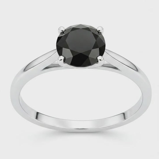 Round Black Diamond Cathedral Solitaire Ring Natural 14K White Gold
