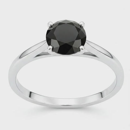 Round Black Diamond Cathedral Solitaire Ring Natural 14K White Gold