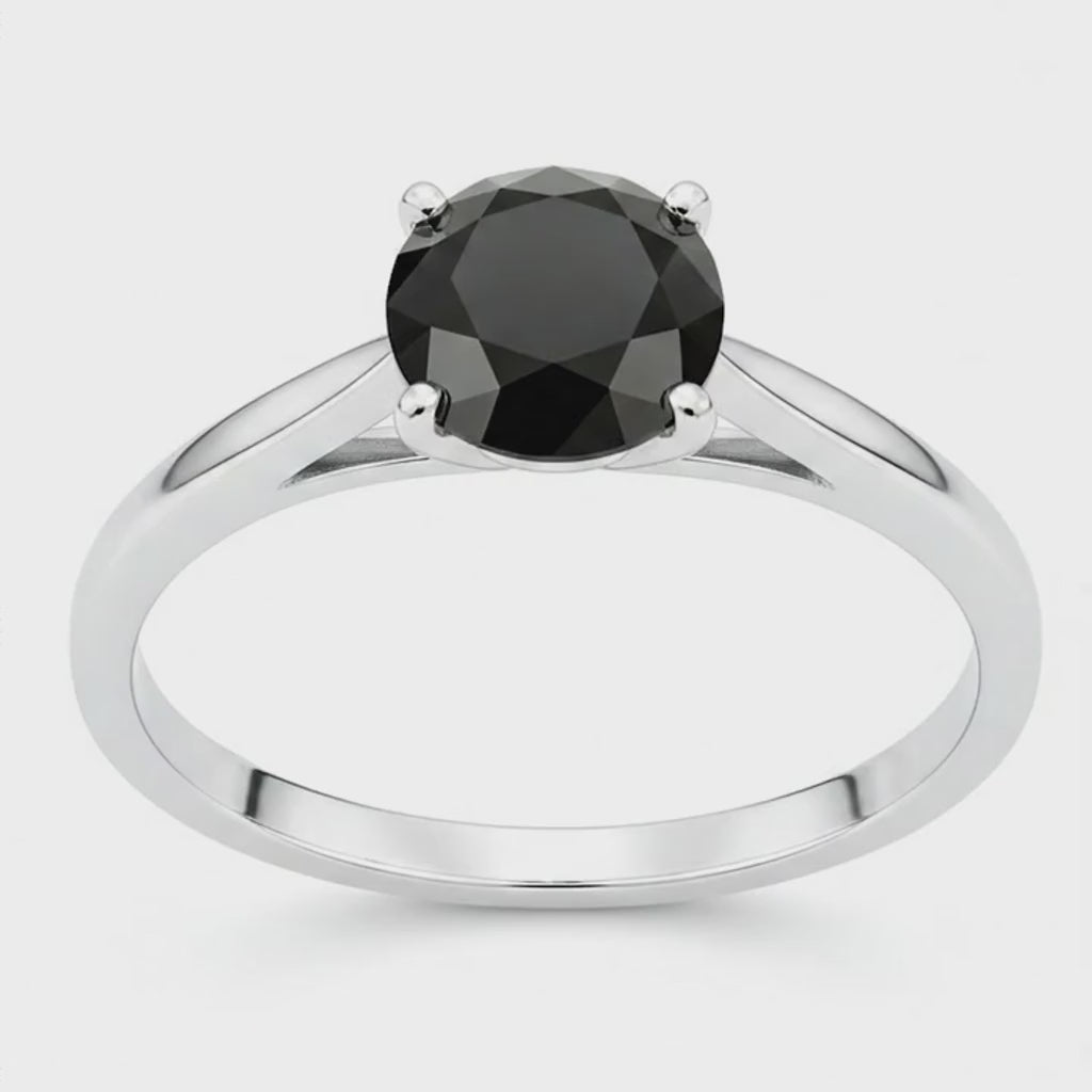 Round Black Diamond Cathedral Solitaire Ring Natural 14K White Gold