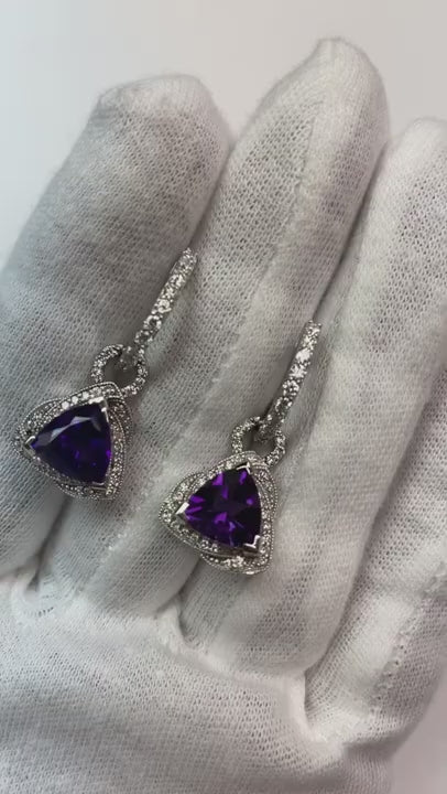 Women Dangle Earrings 5.10 Ct Amethyst And Natural Earth Mined Diamonds White Gold 14K