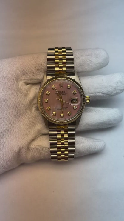 Rolex Datejust 36 mm Pink Mother of Pearl Diamond Dial Two Tone Watch