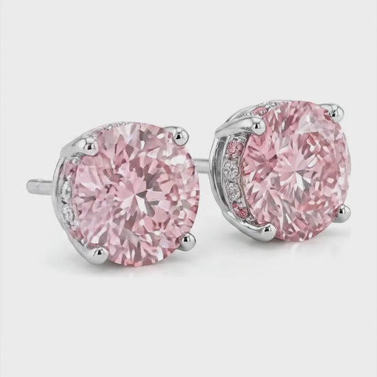 5 Carat Round Pink Lab Grown Diamond and White Diamond Solitaire Earrings 14K White Gold