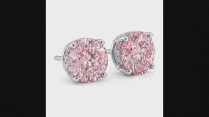5 Carat Round Pink Lab Grown Diamond and White Diamond Solitaire Earrings 14K White Gold