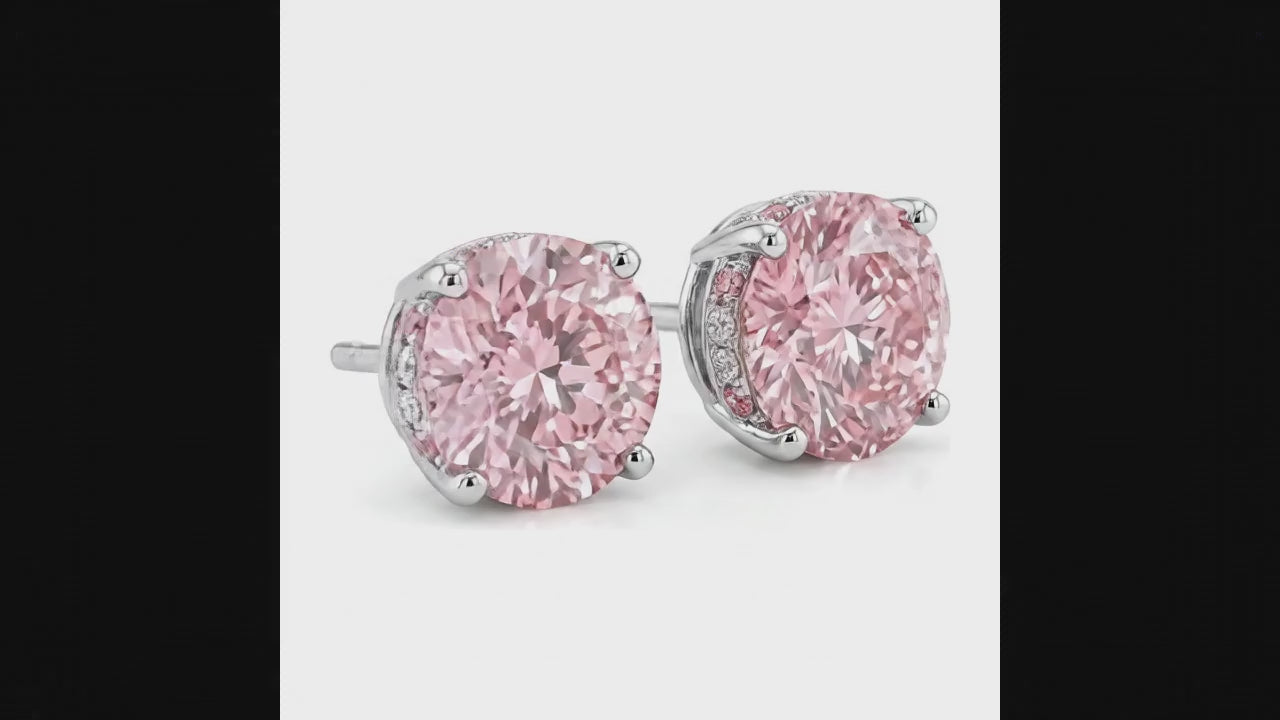 5 Carat Round Pink Lab Grown Diamond and White Diamond Solitaire Earrings 14K White Gold