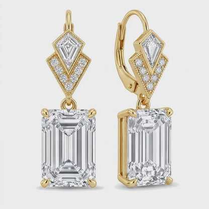 White Diamond Drop Earrings 4 Carat Lab Grown Emerald Cut Art Deco 14K Yellow Gold