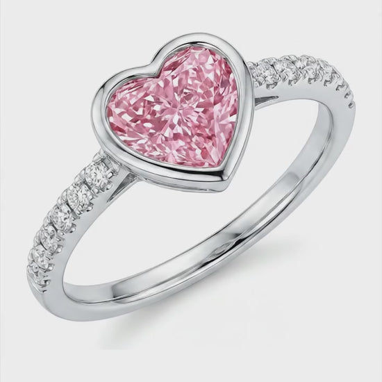 2 Carat Heart Pink Lab Grown Diamond and White Diamond Bezel Ring 14K White Gold