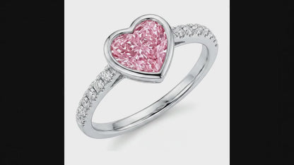 2 Carat Heart Pink Lab Grown Diamond and White Diamond Bezel Ring 14K White Gold