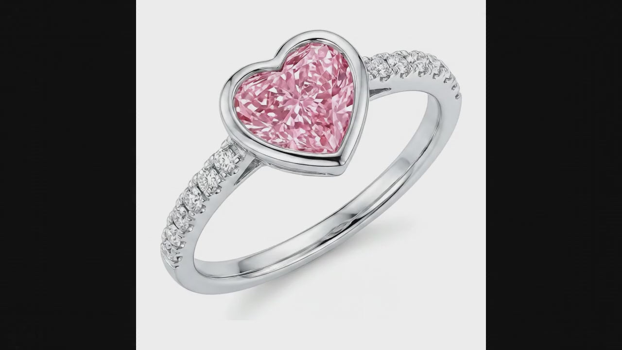 2 Carat Heart Pink Lab Grown Diamond and White Diamond Bezel Ring 14K White Gold