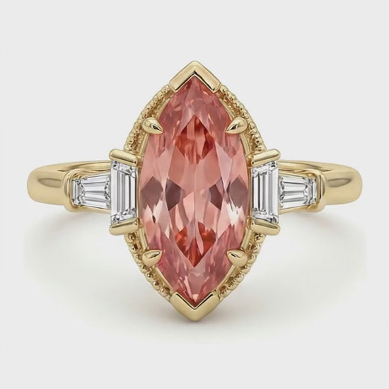Marquise Lab Grown Padparadscha and Lab Grown Diamond Three Stone Ring 14K Yellow Gold