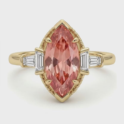 Marquise Lab Grown Padparadscha and Lab Grown Diamond Three Stone Ring 14K Yellow Gold