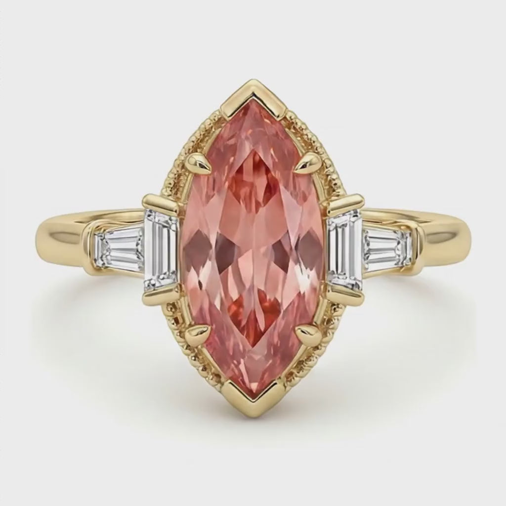 Marquise Lab Grown Padparadscha and Lab Grown Diamond Three Stone Ring 14K Yellow Gold