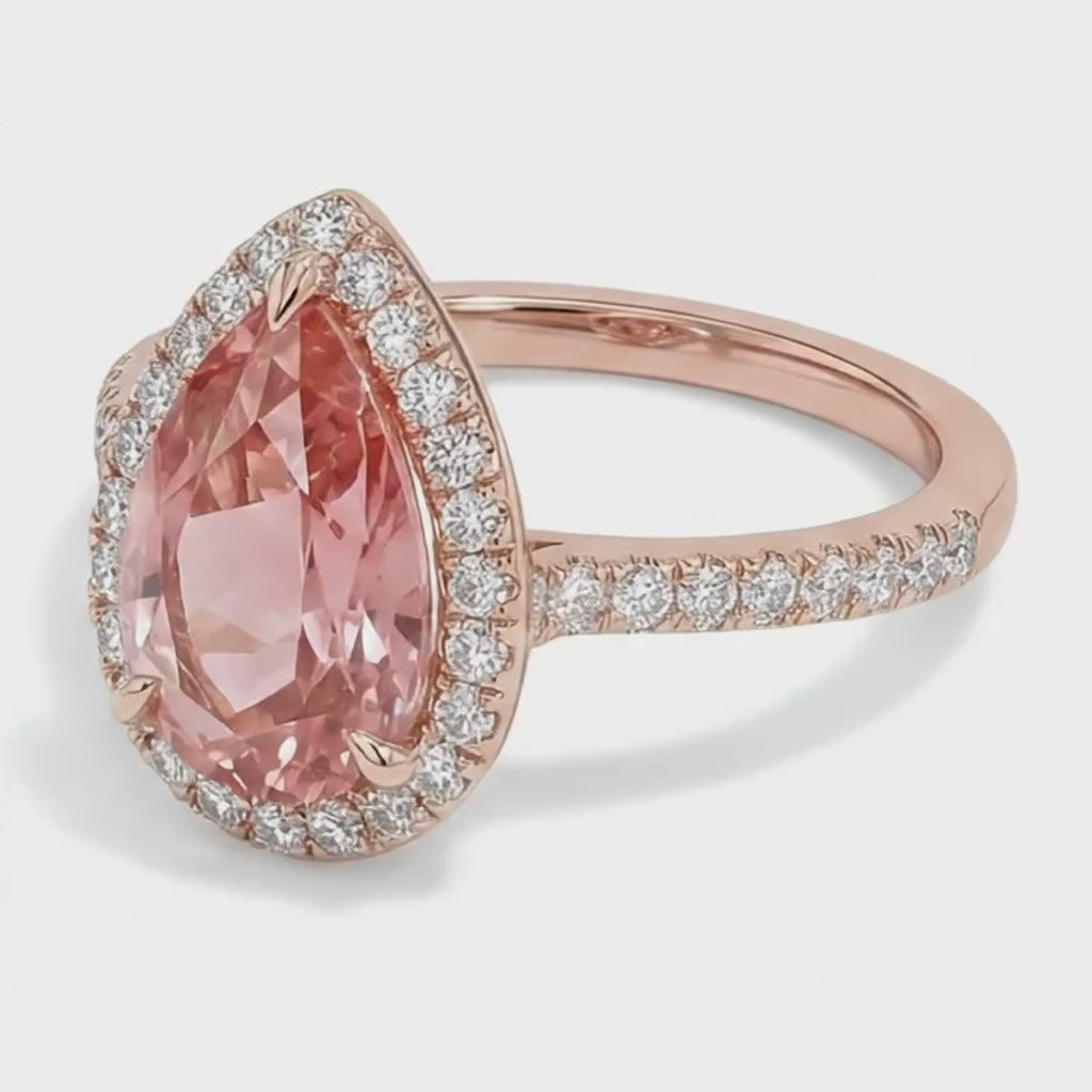 Pear Padparadscha and White Diamond Halo Ring Natural 14K Rose Gold