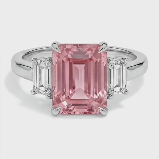 Emerald Padparadscha and White Diamond Three Stone Ring Natural 14K White Gold