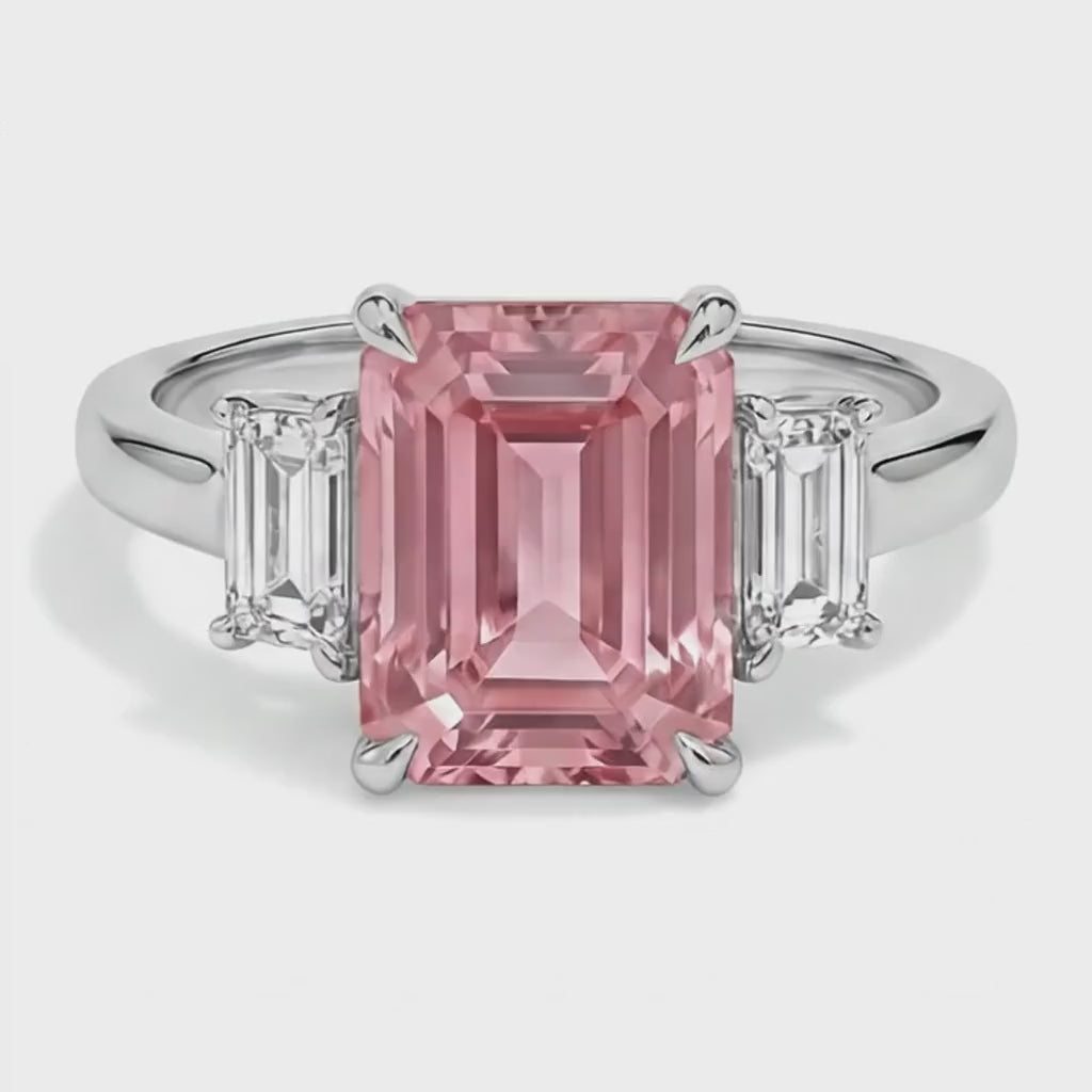 Emerald Padparadscha and White Diamond Three Stone Ring Natural 14K White Gold