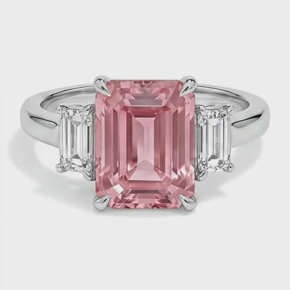 Emerald Padparadscha and White Diamond Three Stone Ring Natural 14K White Gold