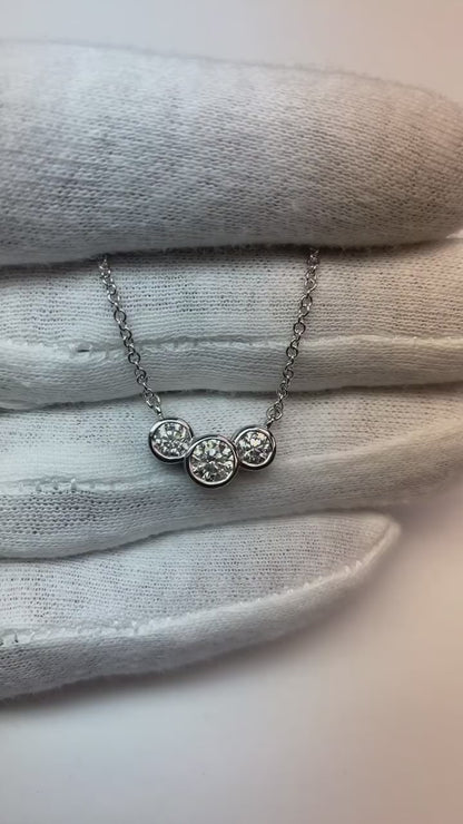 Three-Stone Natural Earth Mined Diamond Bezel Necklace Pendant 1 Carats White Gold 14K