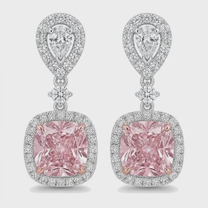 Pink Diamond Drop Earrings 5 Carat Lab Grown Cushion Halo Pear Tops 14K White Gold