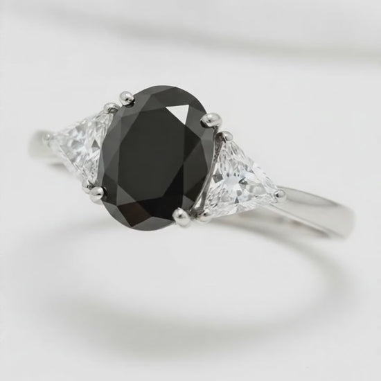 Oval Black Diamond and White Trilliant Three Stone Ring Natural 14K White Gold