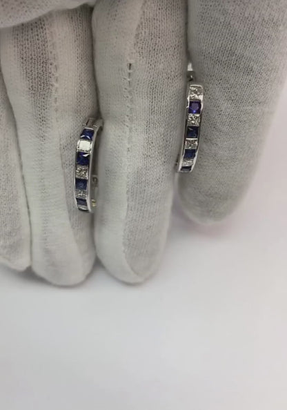 Ceylon Sapphire And Natural Earth Mined Diamonds 4.40 Carats Hoop Earrings White Gold 14K