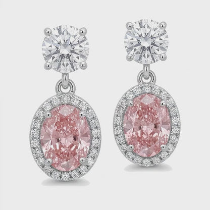 Pink Diamond Drop Earrings 4 Carat Lab Grown Oval Halo 14K White Gold
