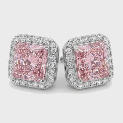 Pink Diamond Stud Earrings 3.5 Carat Lab Grown Radiant Halo 14K White Gold