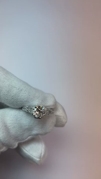 Filigree Round Real Natural Earth Mined Diamond Ring 1.50 Carats White Gold 14K