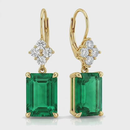 Green Emerald Earrings 4.5 Carat Lab Grown Emerald Cut Cluster Leverback 14K Yellow Gold