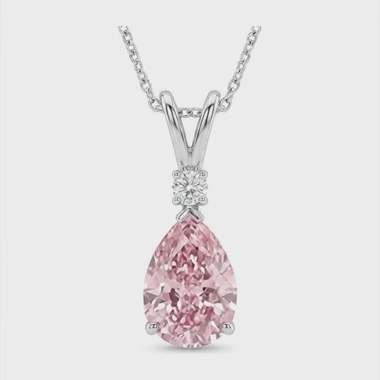 5 Carat Pear Pink Lab Grown Diamond and White Diamond Solitaire Pendant 14K White Gold