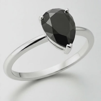 1.5 Carat Pear Black Diamond Solitaire Ring Natural 14K White Gold