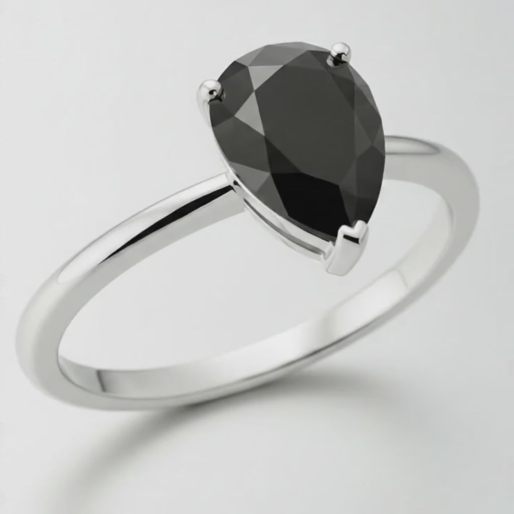 1.5 Carat Pear Black Diamond Solitaire Ring Natural 14K White Gold