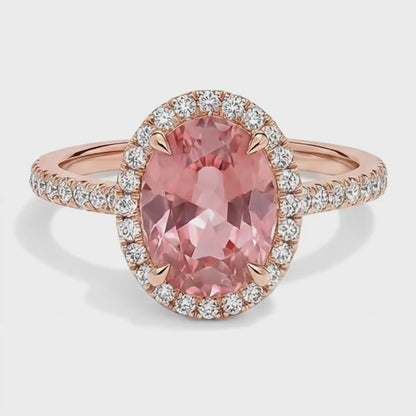 Oval Padparadscha and White Diamond Halo Ring Natural 14K Rose Gold