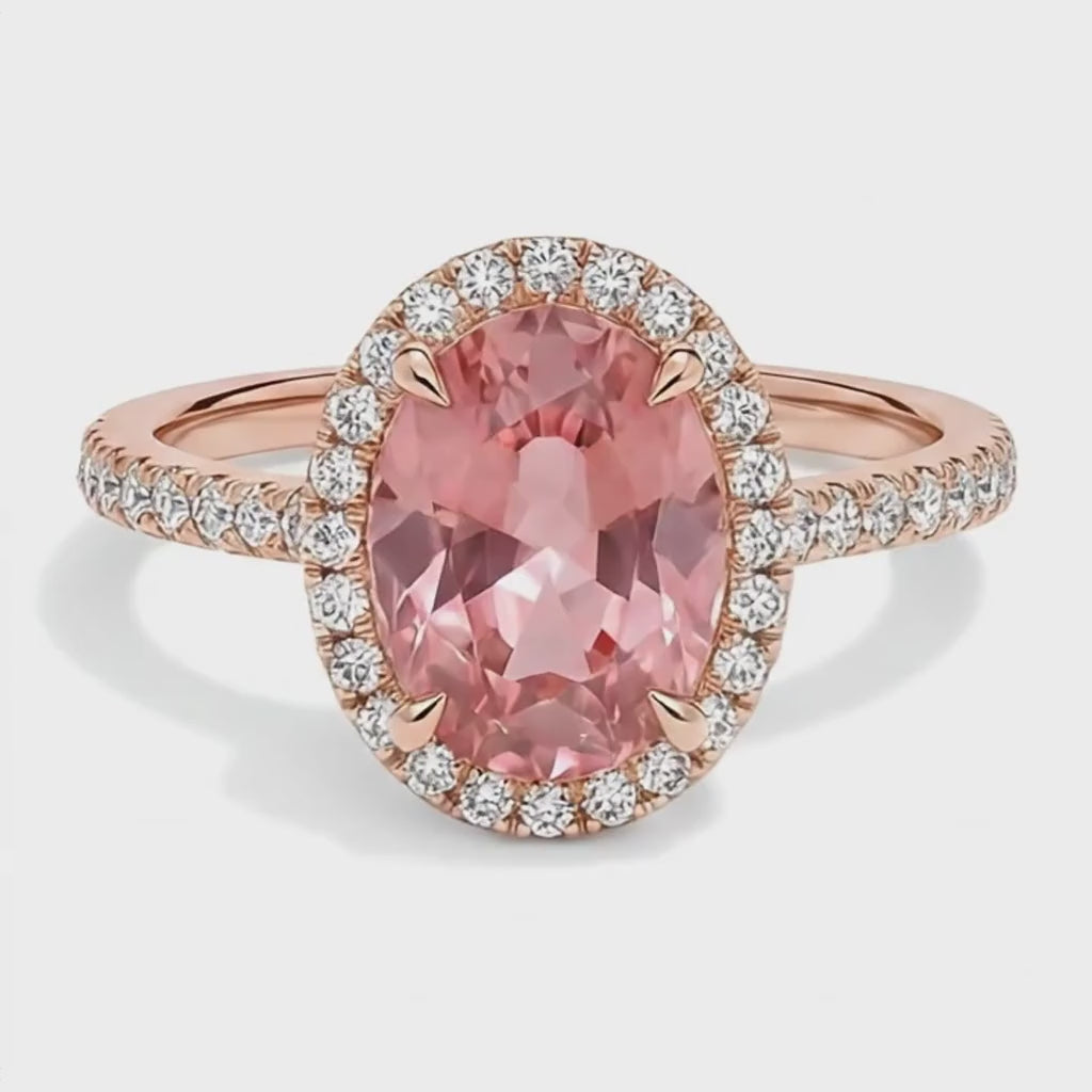 Oval Padparadscha and White Diamond Halo Ring Natural 14K Rose Gold