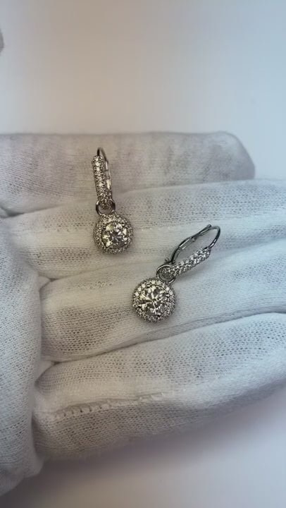 Natural Earth Mined Diamonds Ladies Dangle Earrings Round Cut 2.90 Carats White Gold 14K