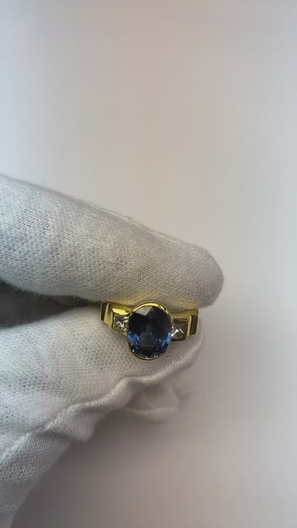 3.61 Ct Natural Earth Mined Diamonds 3-Stone Sri Lanka Blue Sapphire Bezel Ring