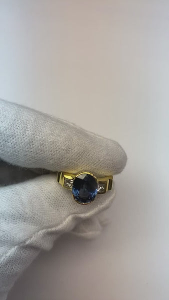 3.61 Ct Diamonds 3-Stone Sri Lanka Blue Sapphire Bezel Ring