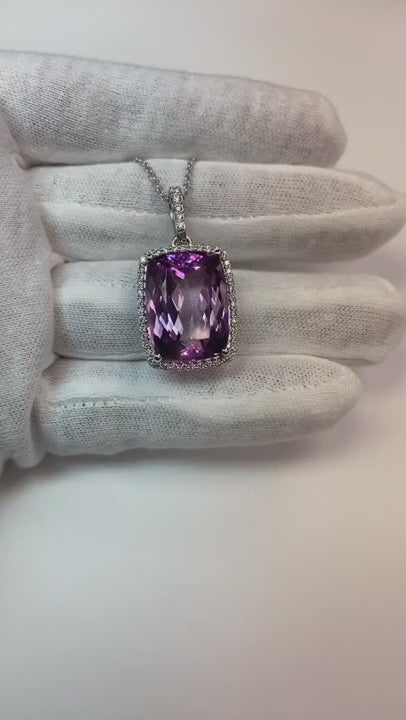27 Ct. Pink Kunzite With Natural Earth Mined Diamonds Pendant White Gold