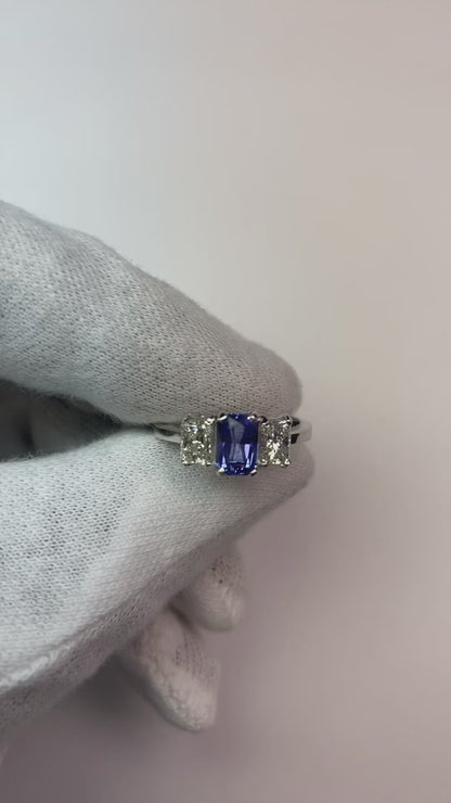 Radiant Natural Earth Mined Diamond Jewelry Emerald Blue Sapphire 3 Stone Ring 3 Carats