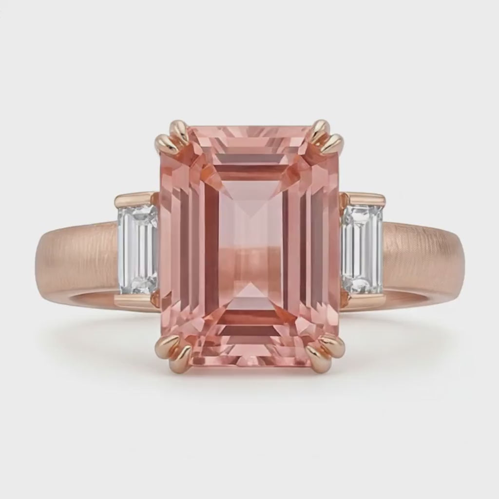 Emerald Padparadscha and White Diamond Three Stone Ring Natural 14K Rose Gold