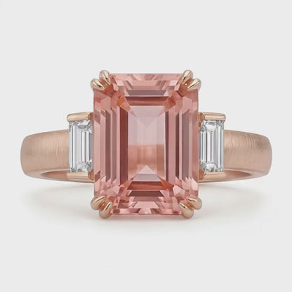 Emerald Padparadscha and White Diamond Three Stone Ring Natural 14K Rose Gold
