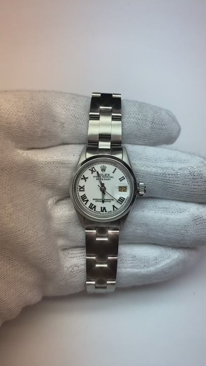 Smooth Bezel White Roman Dial Rolex Datejust Women Watch Ss Oyster
