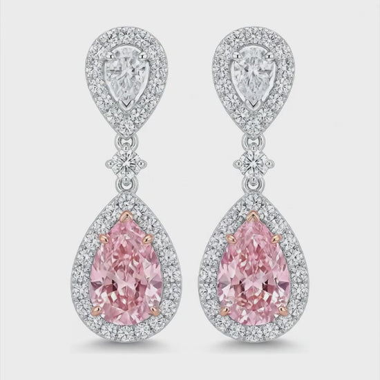 2.5 Carat Pear Pink Lab Grown Diamond and White Diamond Halo Earrings 14K White Gold